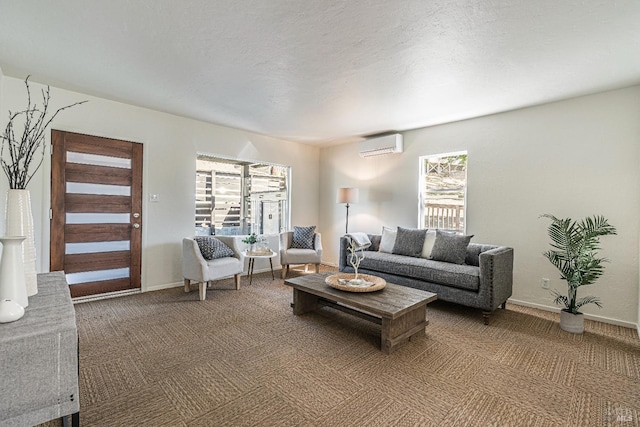 living room with carpet and an AC wall unit