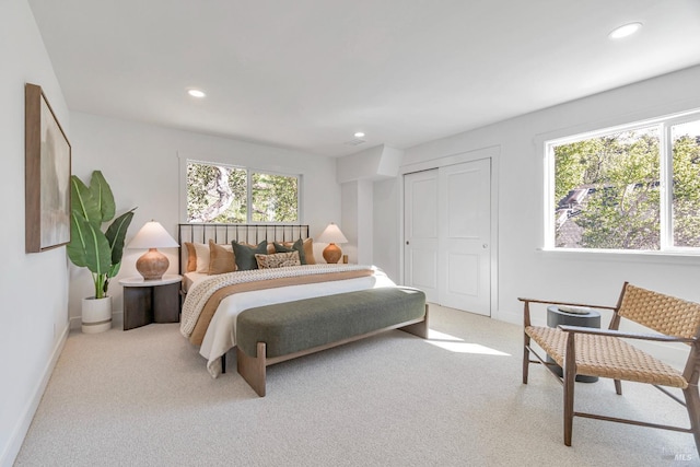 carpeted bedroom featuring a closet