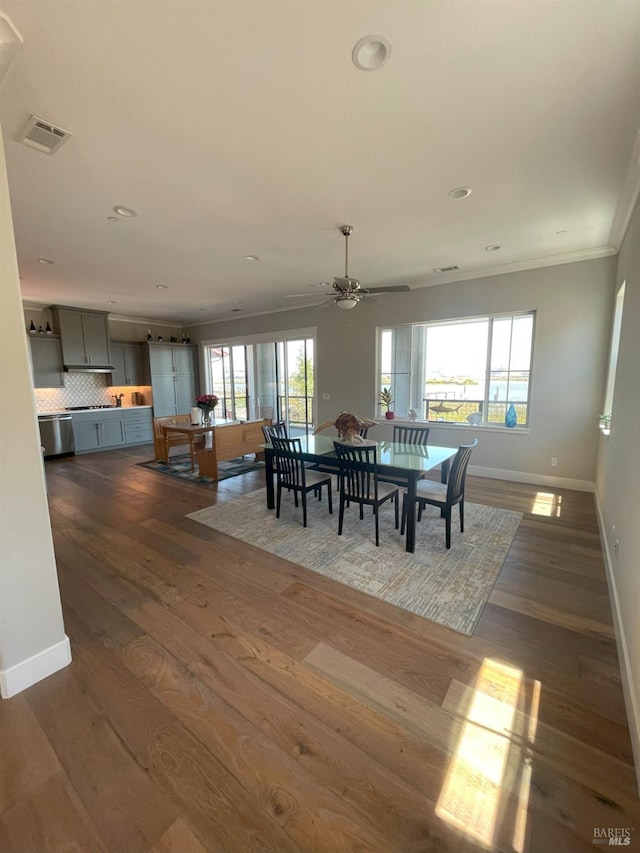 dining space featuring ceiling fan, dark wood-type flooring, and ornamental molding