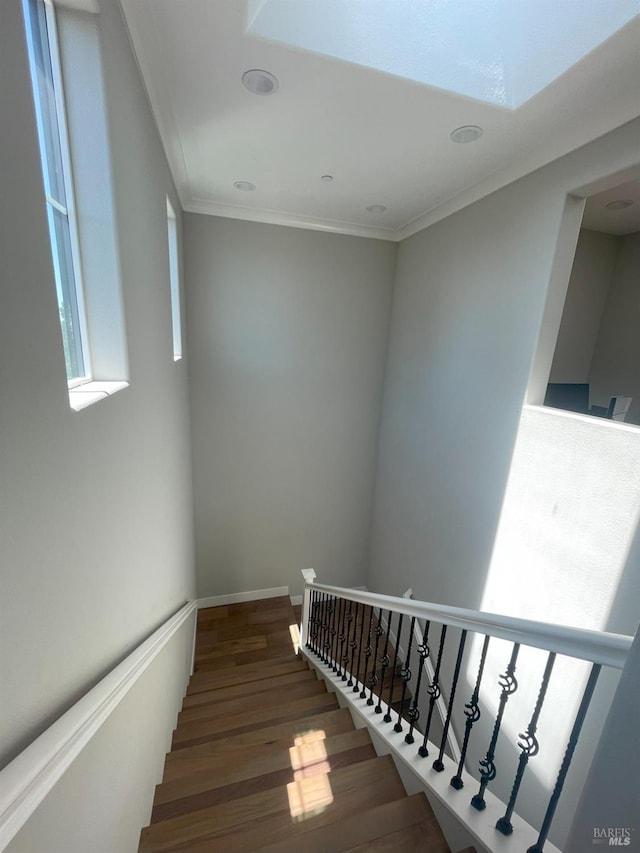 stairs with ornamental molding and wood-type flooring