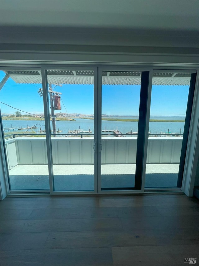 doorway featuring a water view and hardwood / wood-style floors