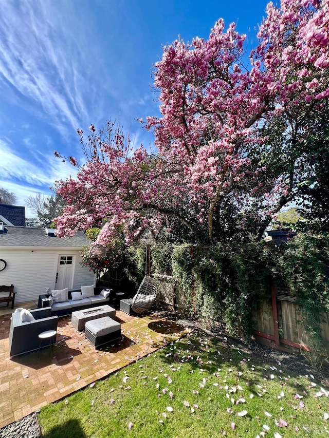 view of yard featuring an outdoor hangout area and a patio area