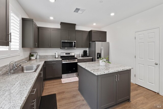 kitchen featuring stainless steel appliances, wood-type flooring, a center island, and sink