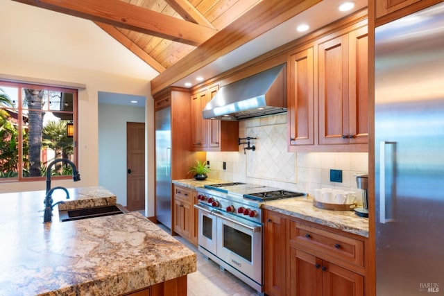 kitchen featuring range hood, lofted ceiling with beams, sink, backsplash, and premium appliances