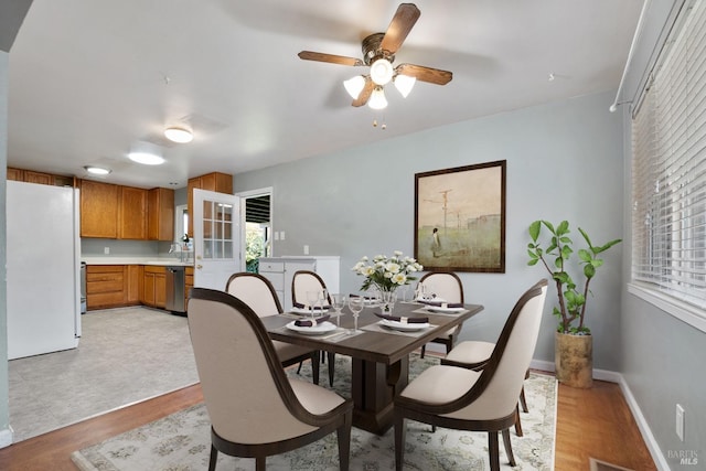 dining space featuring sink, light hardwood / wood-style flooring, and ceiling fan