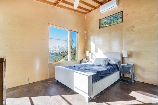 bedroom with ceiling fan, an AC wall unit, a towering ceiling, and beamed ceiling