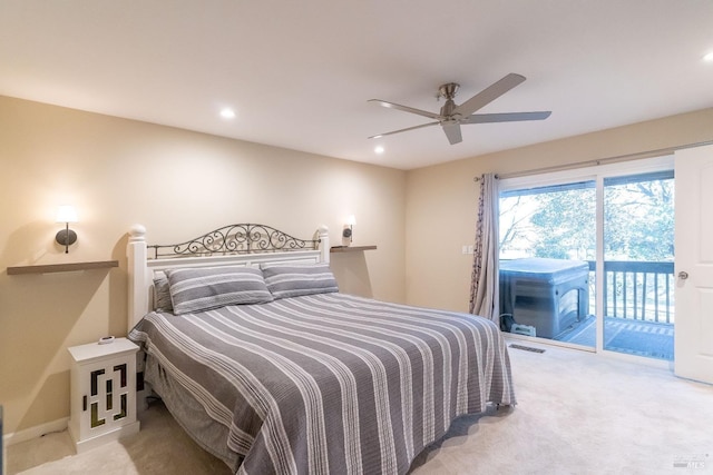 carpeted bedroom with access to exterior and ceiling fan