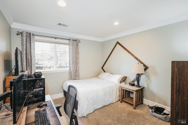 carpeted bedroom with crown molding