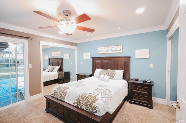 bedroom featuring crown molding, ceiling fan, light colored carpet, and access to outside