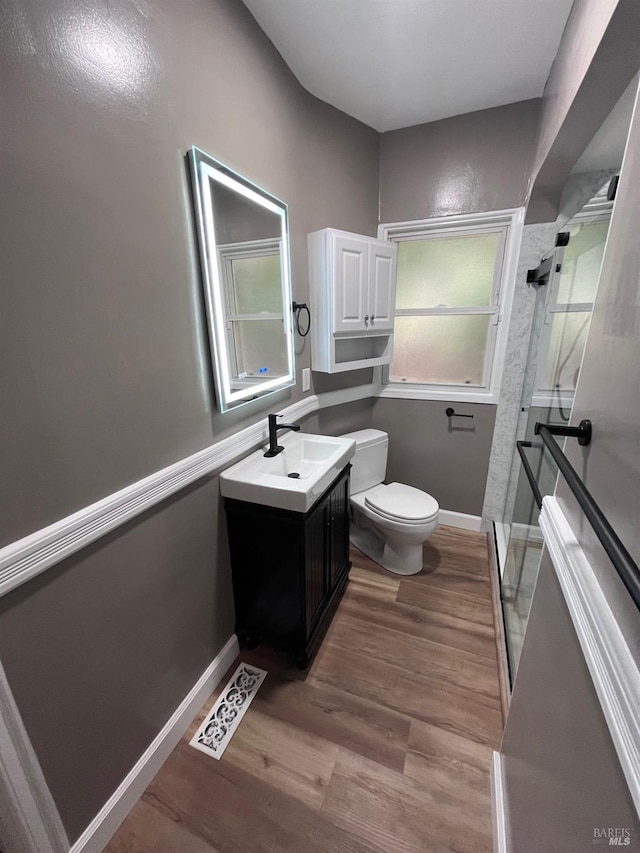 bathroom with vanity, plenty of natural light, hardwood / wood-style floors, and an enclosed shower