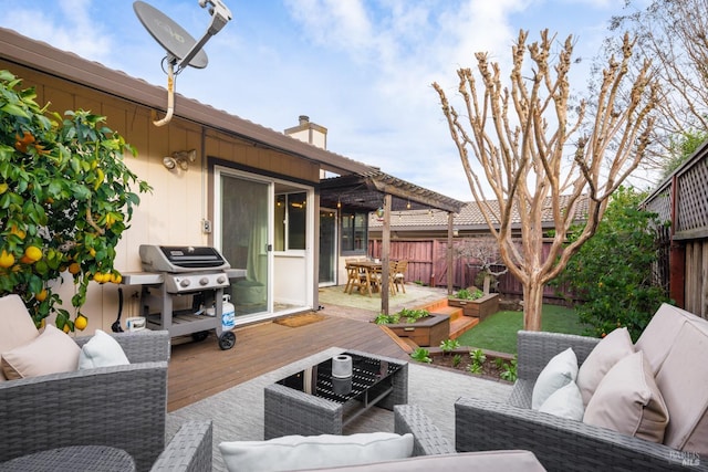 view of patio with an outdoor hangout area, a wooden deck, and area for grilling