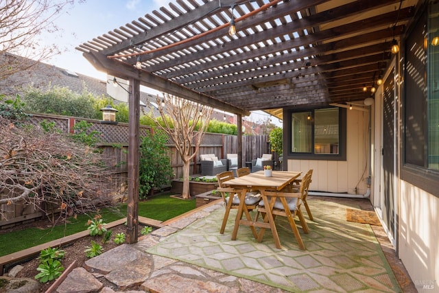 view of patio with an outdoor living space and a pergola