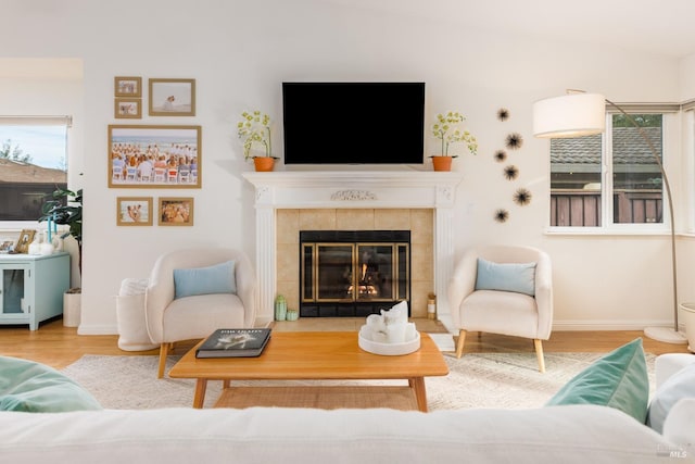 living room with wood-type flooring and a tiled fireplace