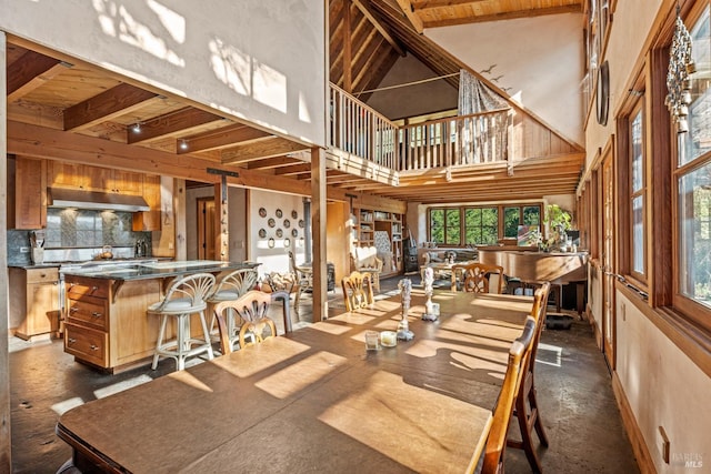 dining room featuring wood ceiling and high vaulted ceiling