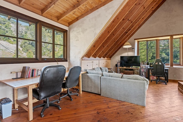 office with vaulted ceiling with beams, wooden ceiling, and wood-type flooring