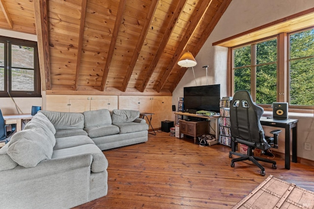 living room featuring wood-type flooring, wood ceiling, and vaulted ceiling with beams