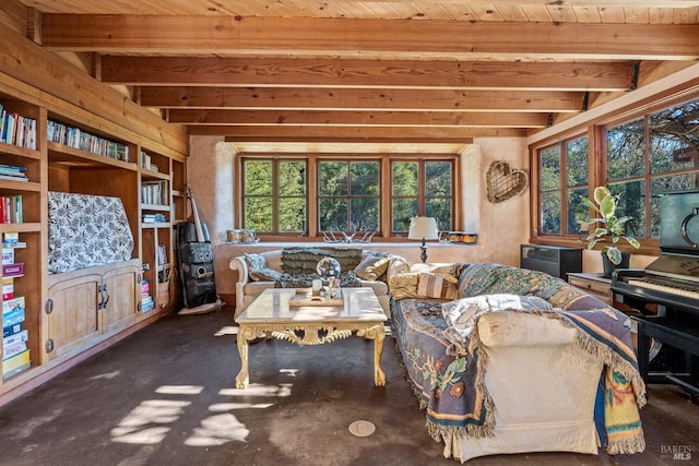 living room featuring built in shelves and beam ceiling