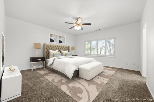 bedroom with ceiling fan, carpet floors, visible vents, and baseboards