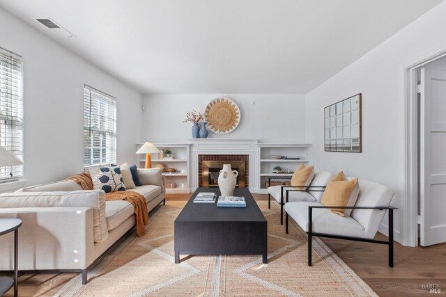 living room featuring a fireplace and light hardwood / wood-style floors