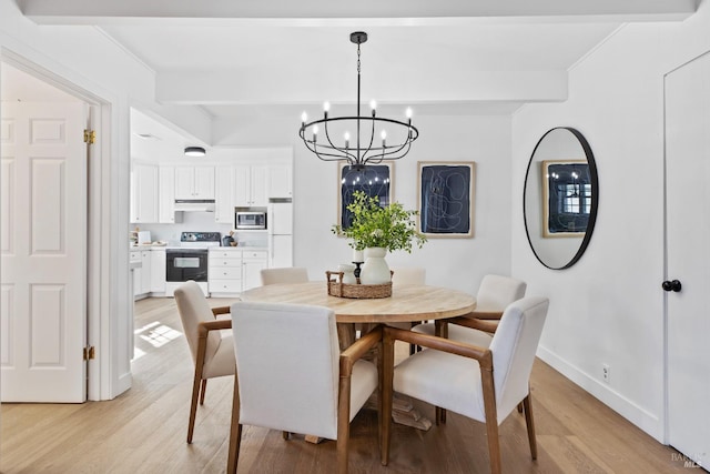 dining area with baseboards, a chandelier, beamed ceiling, and light wood-type flooring