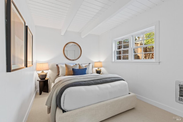 carpeted bedroom with wood ceiling, heating unit, beam ceiling, and baseboards