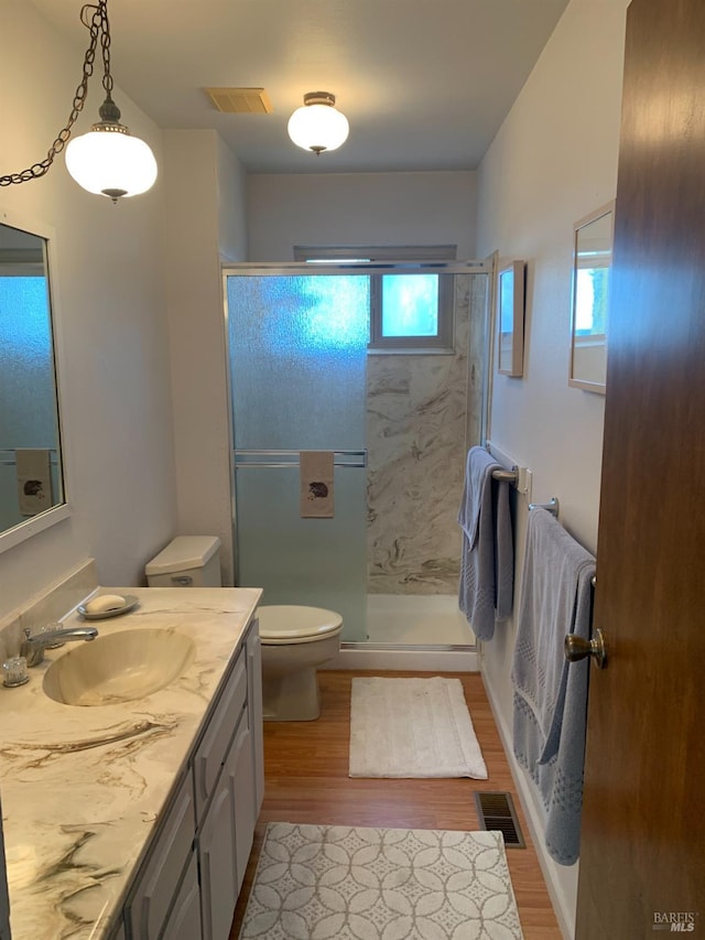 bathroom featuring an enclosed shower, wood-type flooring, a healthy amount of sunlight, and vanity