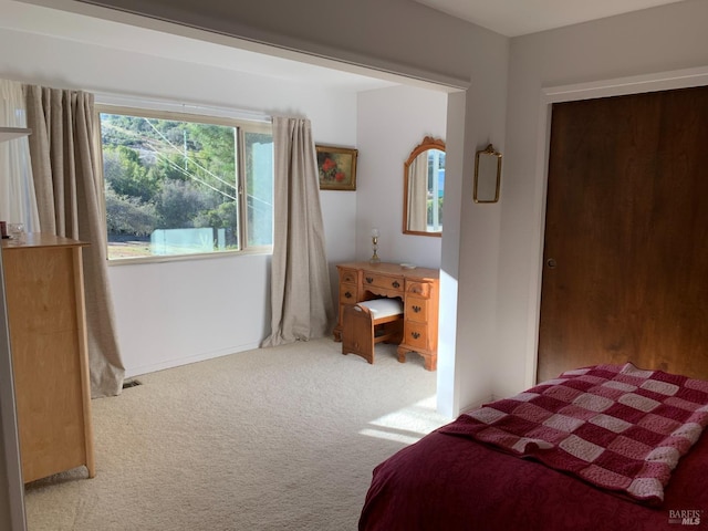 bedroom with light carpet