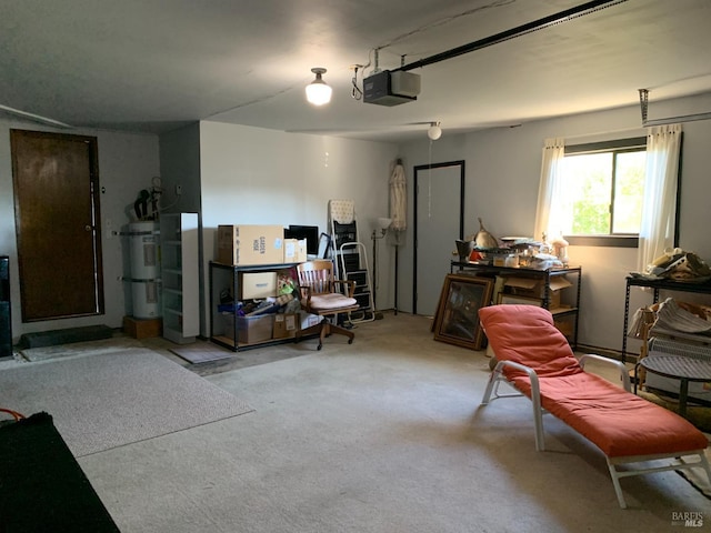 garage featuring a garage door opener and strapped water heater