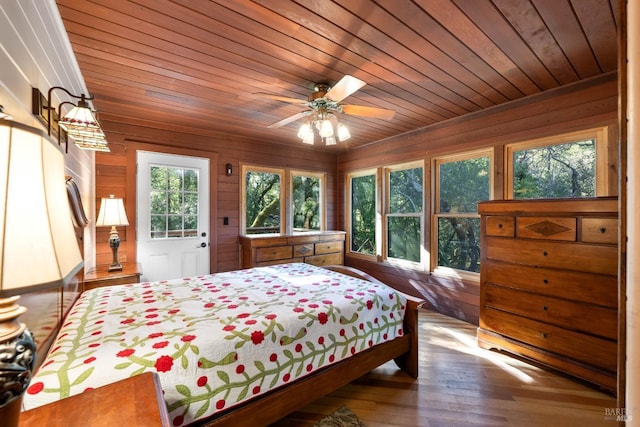 bedroom featuring wood ceiling, ceiling fan, hardwood / wood-style floors, and wooden walls