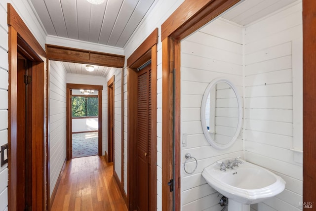 bathroom with sink, wood walls, and wood-type flooring