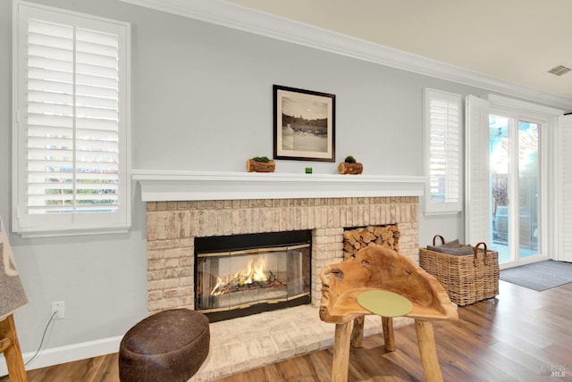 sitting room with crown molding, a healthy amount of sunlight, and a fireplace