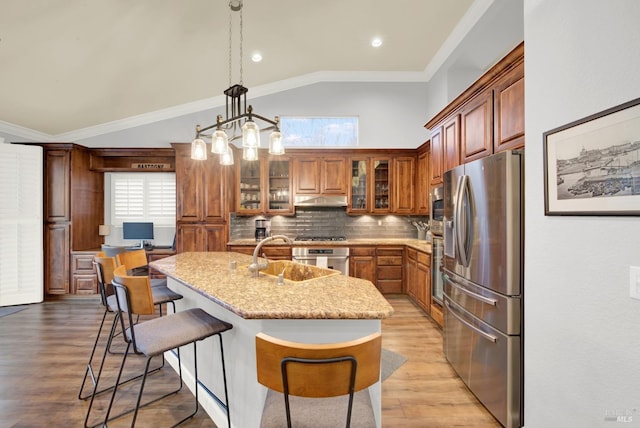 kitchen with lofted ceiling, sink, hanging light fixtures, appliances with stainless steel finishes, and an island with sink