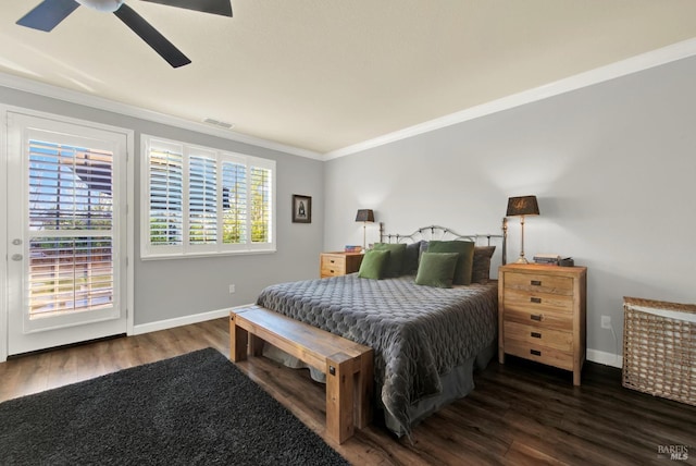 bedroom featuring dark hardwood / wood-style flooring, crown molding, access to outside, and ceiling fan