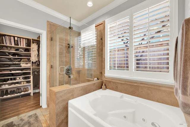 bathroom with crown molding and plus walk in shower