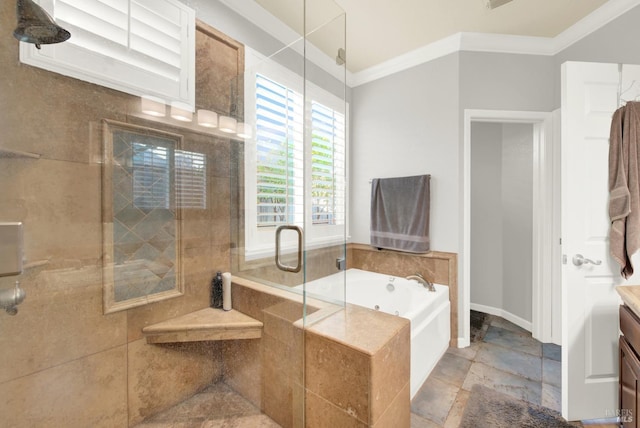 bathroom with crown molding, vanity, and shower with separate bathtub