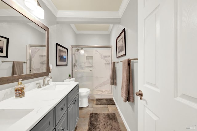 bathroom featuring vanity, an enclosed shower, crown molding, and toilet