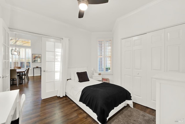 bedroom featuring crown molding, ceiling fan, dark hardwood / wood-style flooring, and a closet