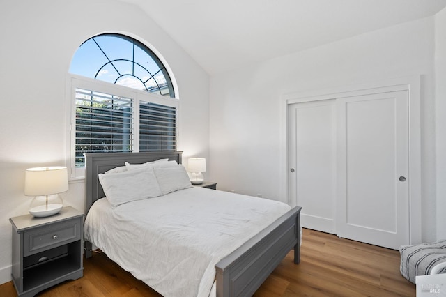 bedroom with hardwood / wood-style flooring, vaulted ceiling, and a closet