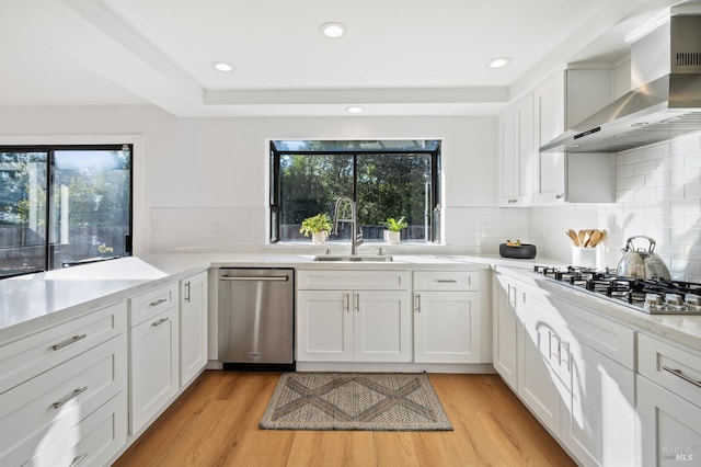 kitchen with sink, stainless steel appliances, white cabinets, wall chimney exhaust hood, and light wood-type flooring