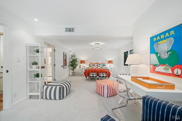 bedroom featuring carpet floors and crown molding