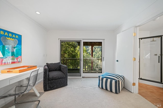 living area featuring crown molding and light tile patterned floors