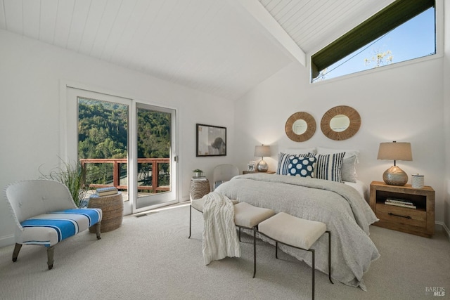 bedroom featuring access to exterior, light colored carpet, beamed ceiling, and high vaulted ceiling