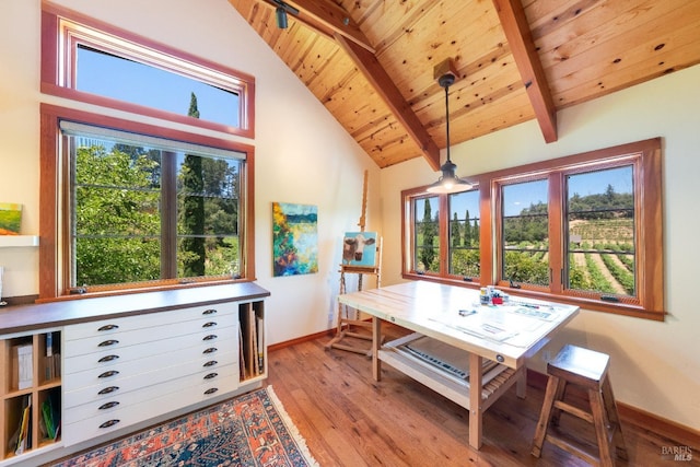 interior space featuring wood ceiling, beamed ceiling, light hardwood / wood-style flooring, and high vaulted ceiling