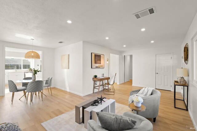 living room with light hardwood / wood-style flooring and a textured ceiling