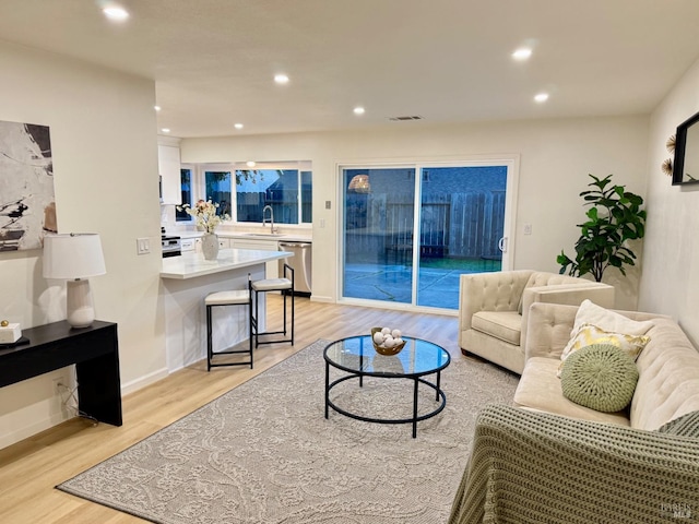 living room featuring sink and light hardwood / wood-style flooring