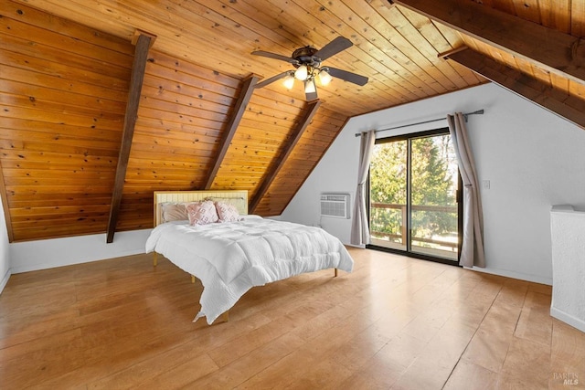 bedroom with access to exterior, wood ceiling, lofted ceiling with beams, and light hardwood / wood-style floors