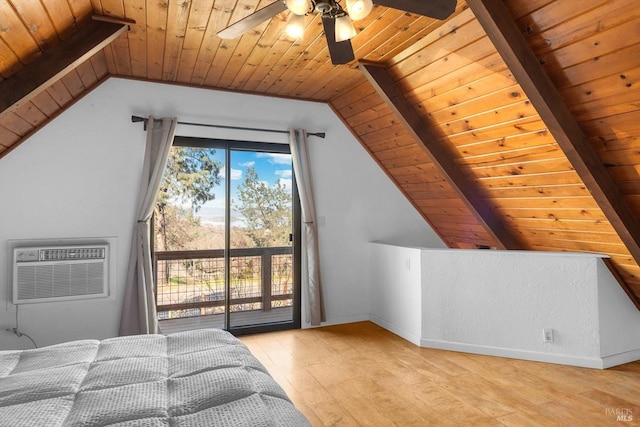 unfurnished bedroom with a wall mounted air conditioner, lofted ceiling with beams, light hardwood / wood-style flooring, wooden ceiling, and access to outside