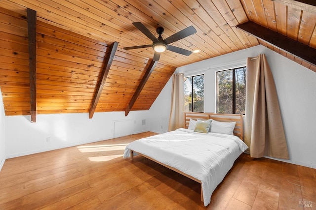 bedroom with ceiling fan, wooden ceiling, light hardwood / wood-style floors, and vaulted ceiling with beams