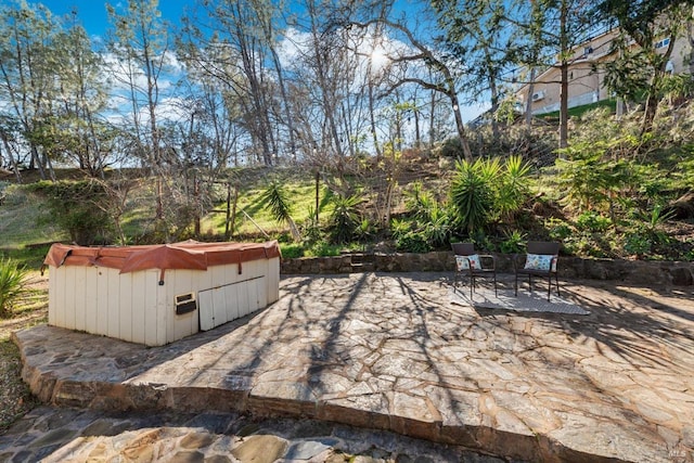 view of patio / terrace with a hot tub