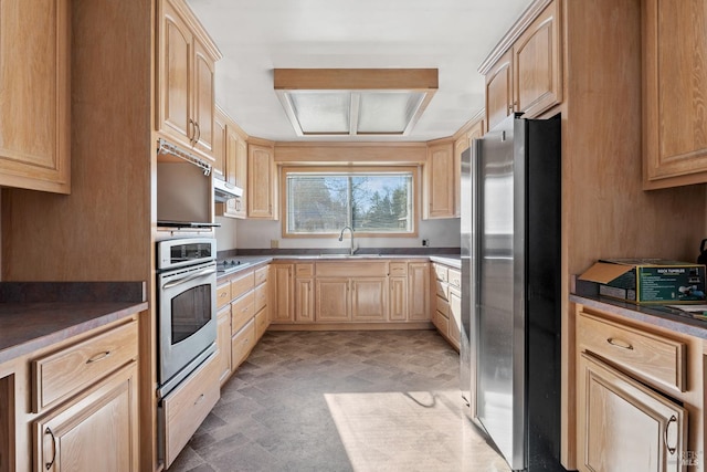 kitchen with light brown cabinetry, sink, and appliances with stainless steel finishes